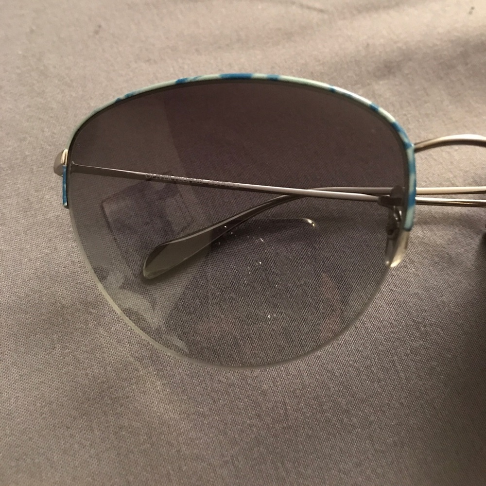 Oliver Peoples Silver Aviator Sunglasses with Blue Trim